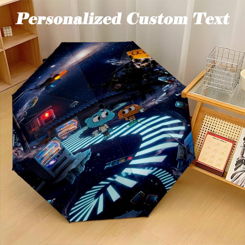 Windproof Folding Umbrella, 8‑Rib Auto Open Close Amazing World of Gumball Umbrella for Rain Sun Protection