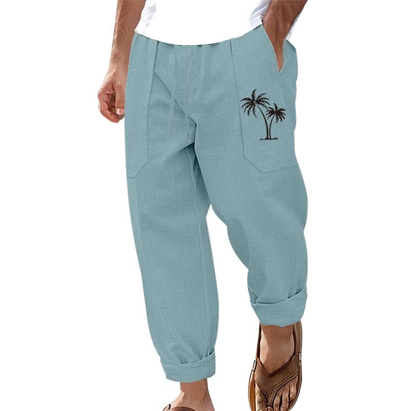 New fashion casual beach trousers men's coconut tree print cotton and linen loose trousers