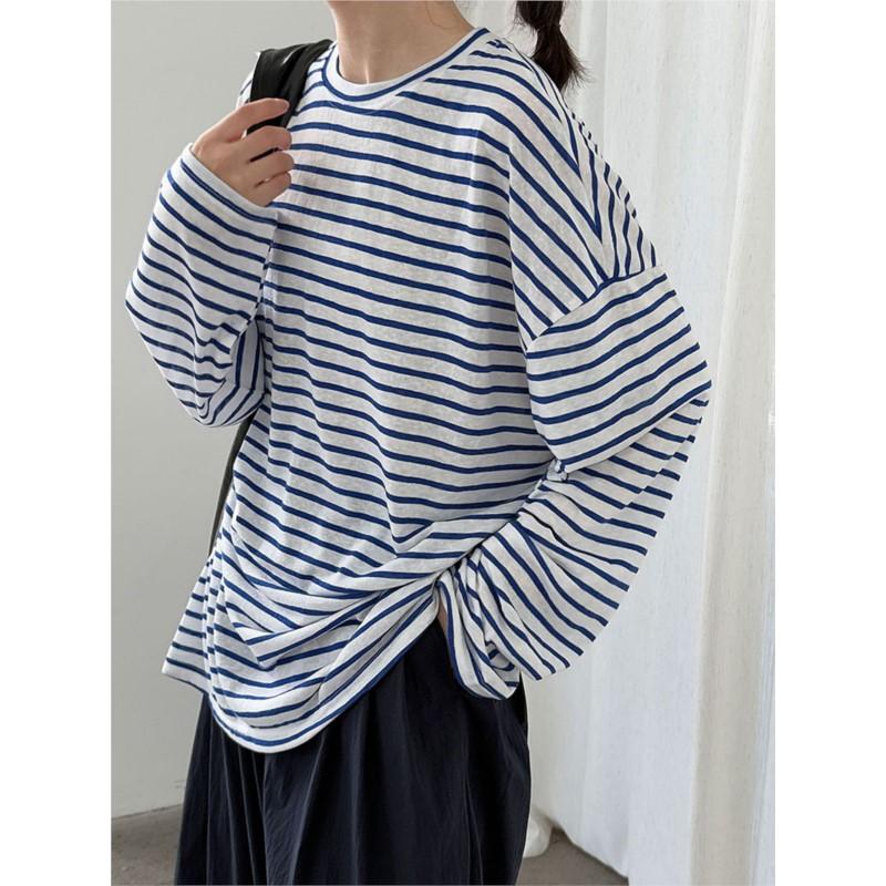 Johnature Korean Lazy Loose Striped Long Sleeve Women Autumn Versatile Base Casual O-neck Pullover Loose Top T-shirts