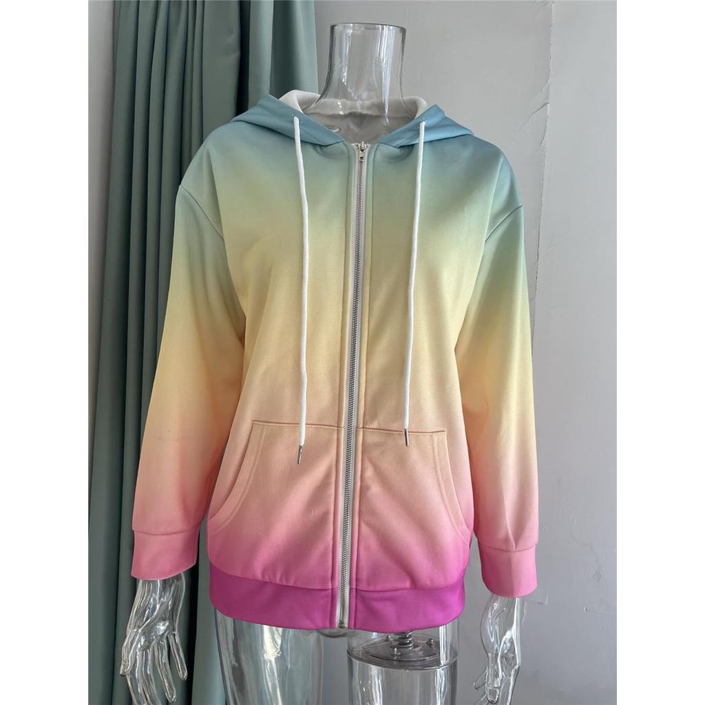 Damtröja Höst Färgövergång 3D-tryckt Avslappnad Långärmad Dragkedja Med Huva Tröja Kläder Rea