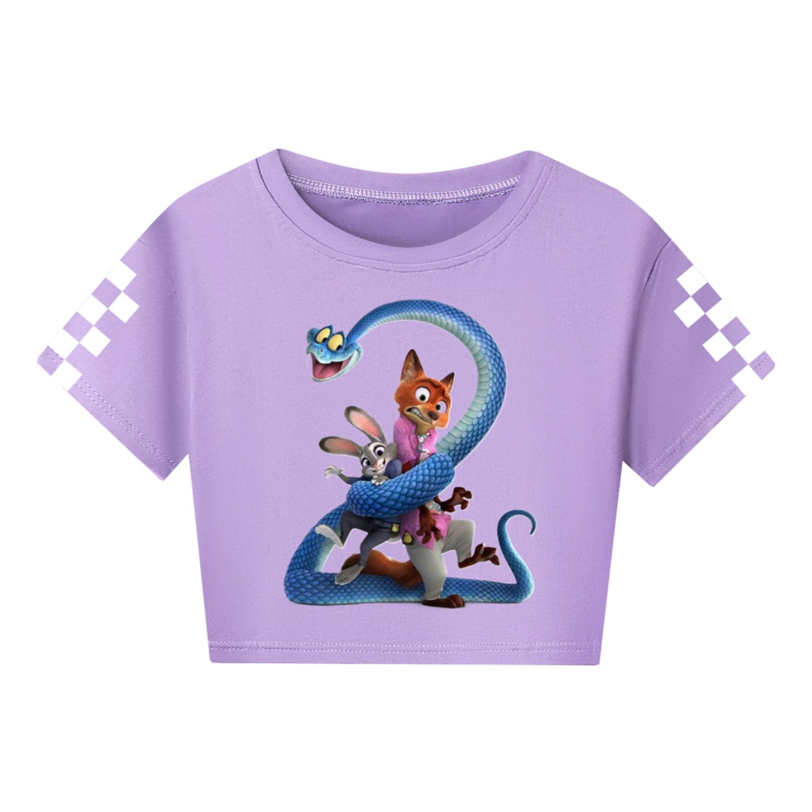 

Fashionable Round Neck Short Sleeve Work Clothes Printed Tops For KID Summer Tops 170 фиолетовый