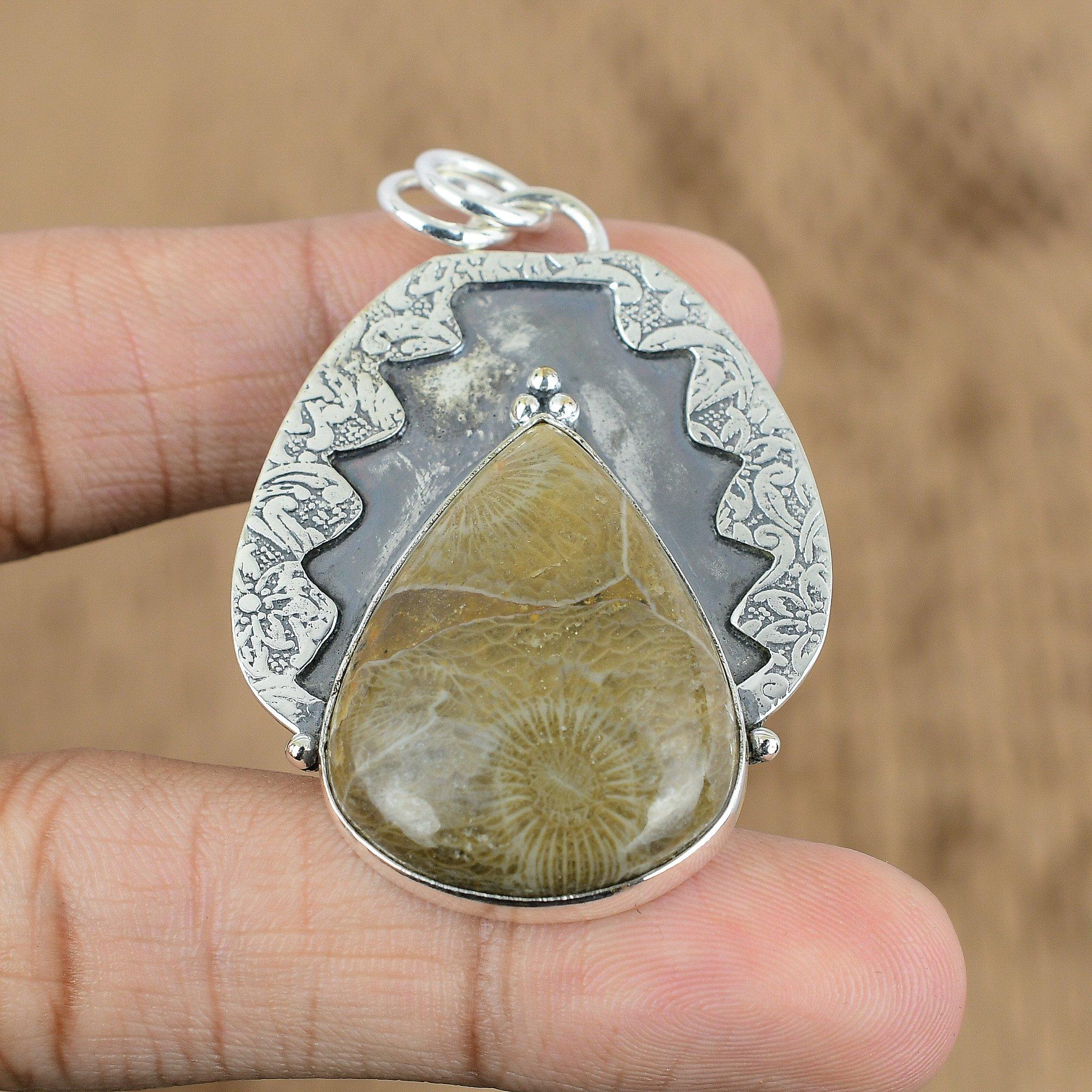 

Natural Fossil Coral Gemstone Jewelry 925 Sterling Silver Pendant For Women