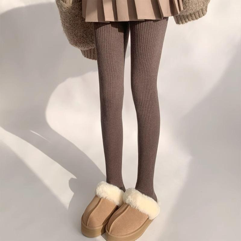 Women Vintage Slim Stockings Solid Color Thicken Ribbed Striped Pantyhose Tights