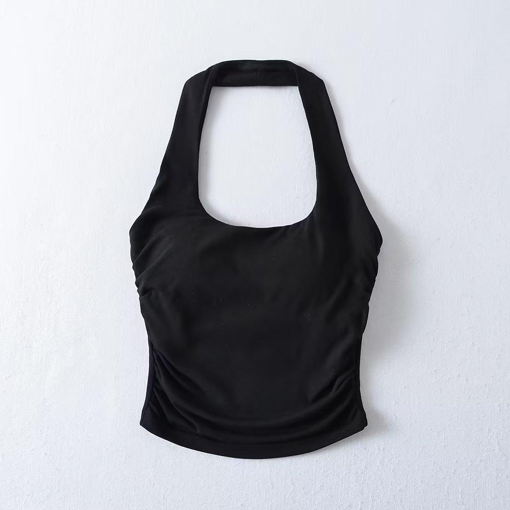 YPFF Stylish Women's Padded Halter Tank Top - Backless, Ruched, Waist-Slimming Crop Top