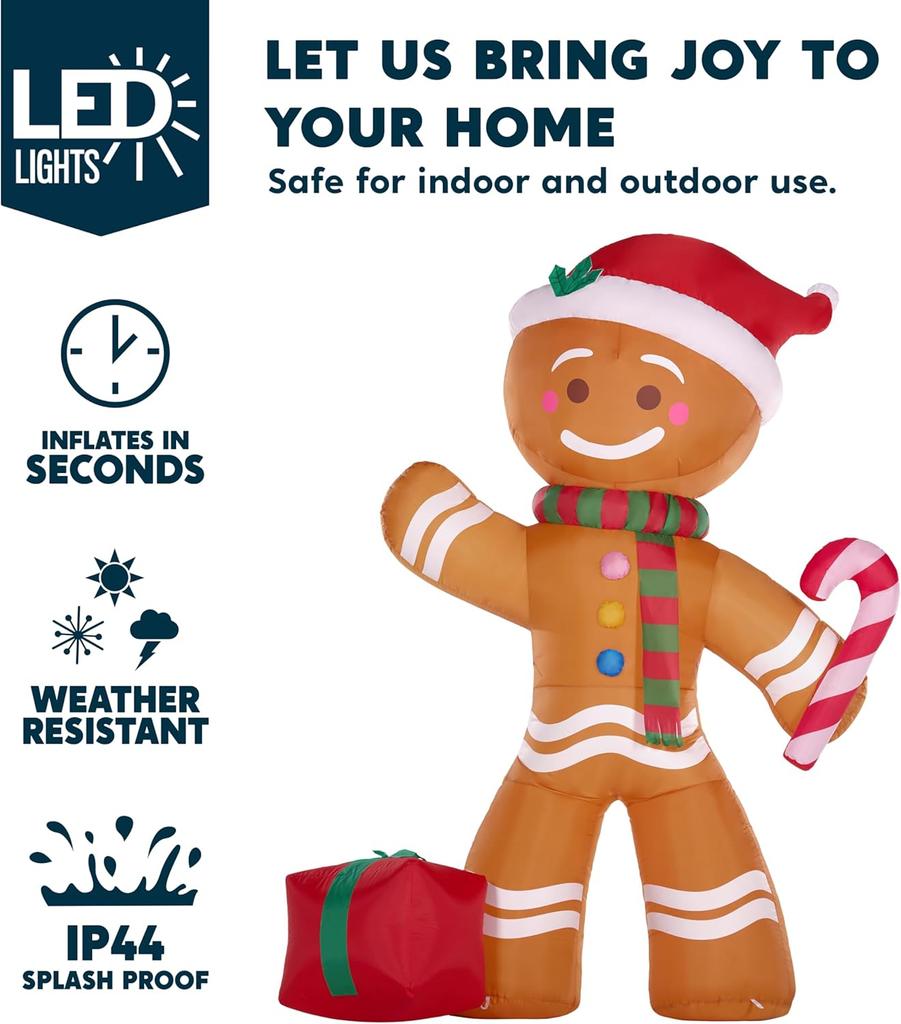 JOYFY 8 FT Christmas Inflatable Gingerbread Man with Candy Cane with Build-in LEDs for Xams Party Outdoor Dcor