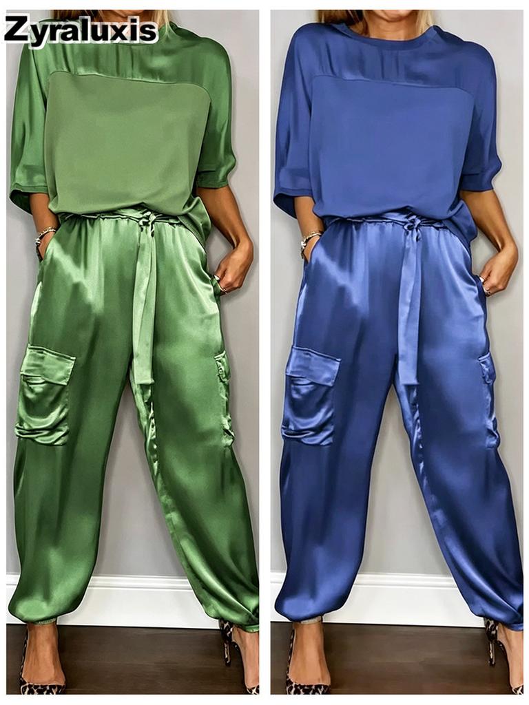 Women's Two Piece Set - Sleeveless Top & Pants, Solid Color Loose Casual Smooth Satin Pocketed Fashion Outfit