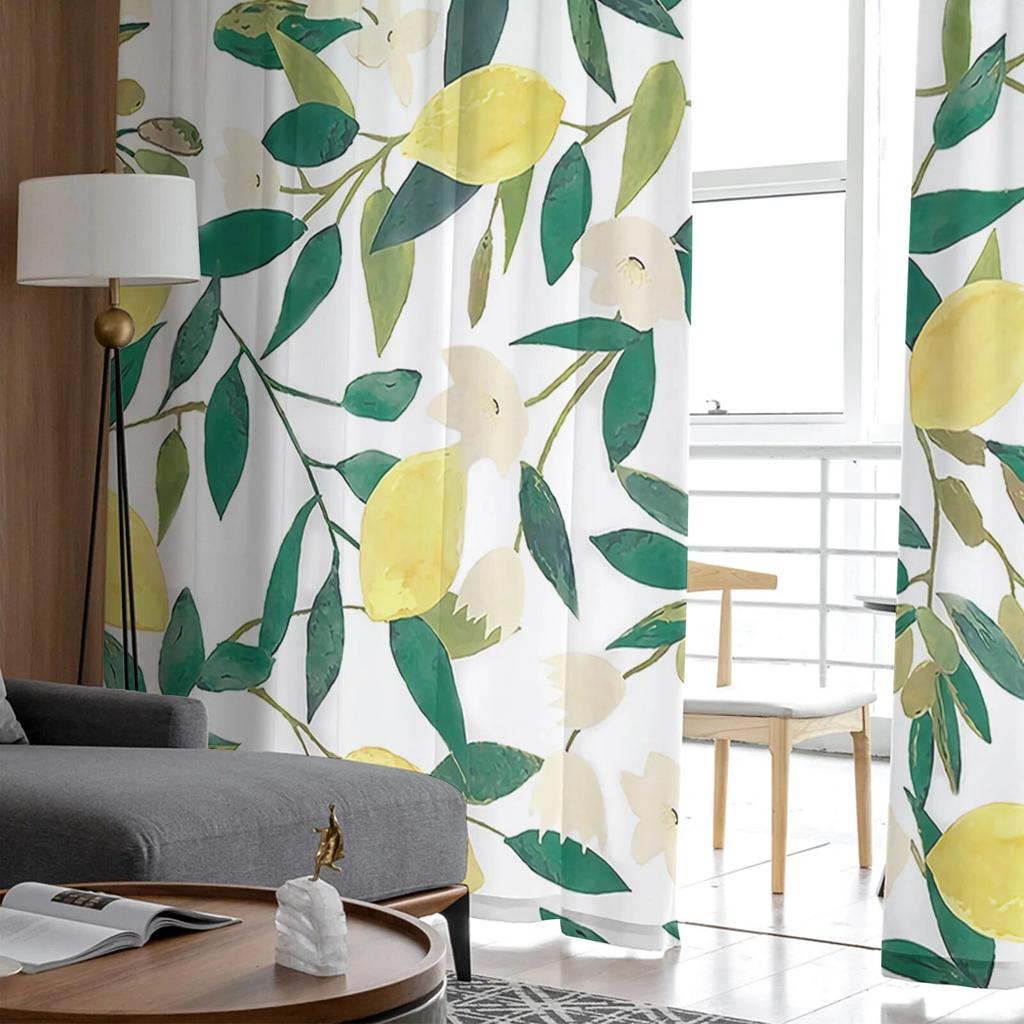 Citronová zeleň Květiny Žlutý přechod Ložnice Průhledné Průsvitné Závěsy Sváteční dekorace Okno Voál Tyl Závěs