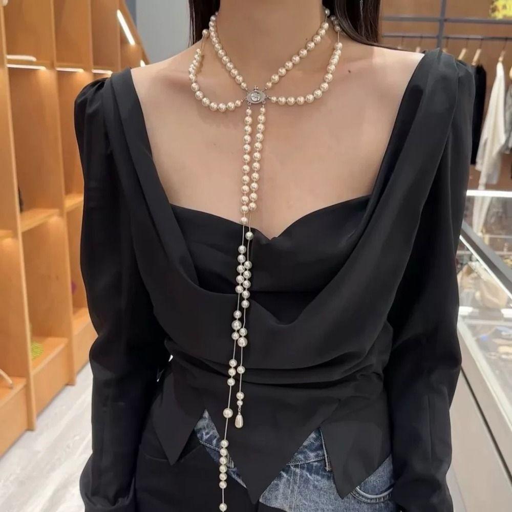Fashion Jewelry Pearl Sweater Chain Asymmetric Pearl Choker Multi-Layer Necklace  French Style