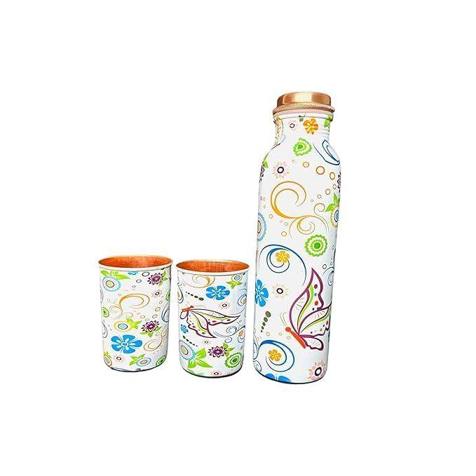 Copper Water Bottle 1 Ltr | Copper Water Bottle with Glass Set | Meena Work | 100% Pure | Leak-Proof | 2 Water Glass 300ml each