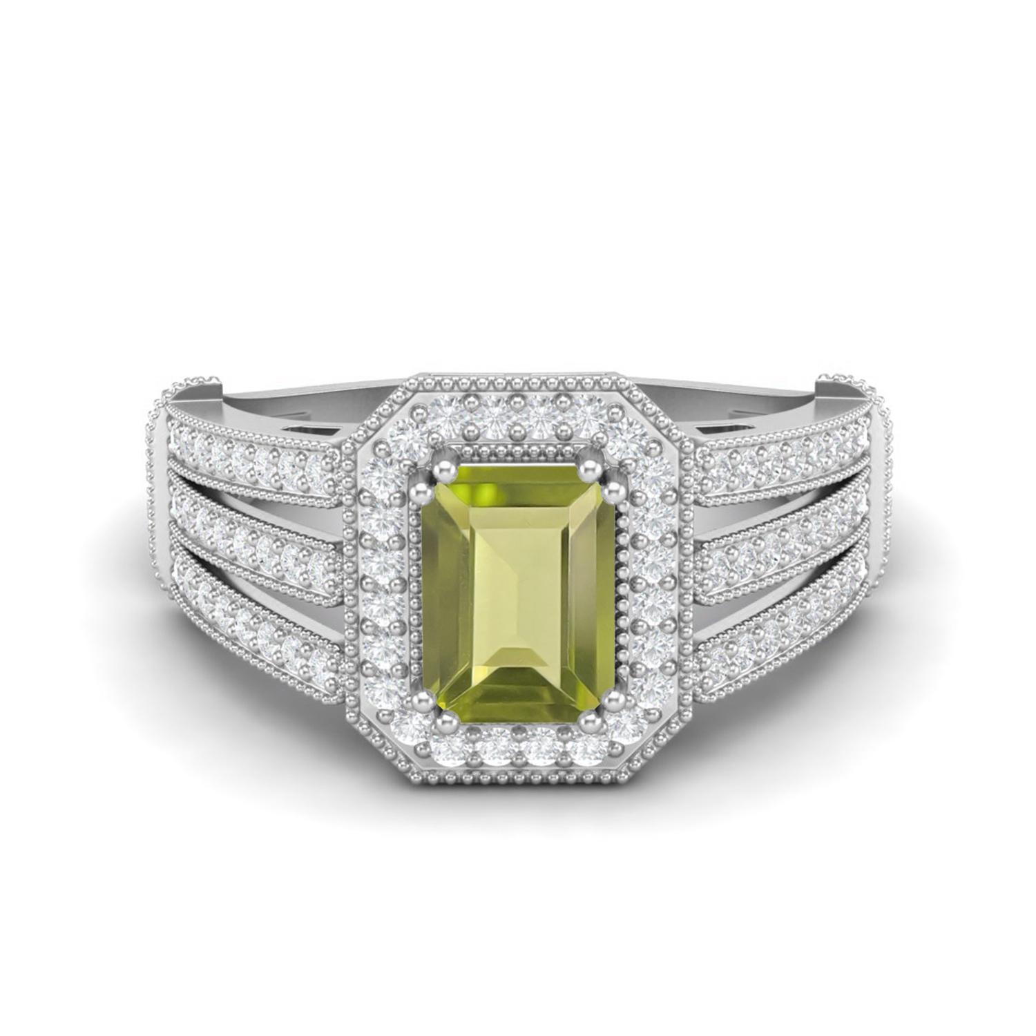 

1.86 Ctw Emerald Cut Peridot 925 Sterling Silver Split Shank Halo Women Engagement Ring 8 білий