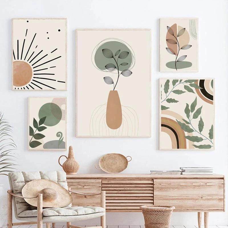 Boho Posters Abstract Geometry Line Leaves Sun Rainbow Boho Home Decor Nordic Canvas Painting Picture For Living Room Decor