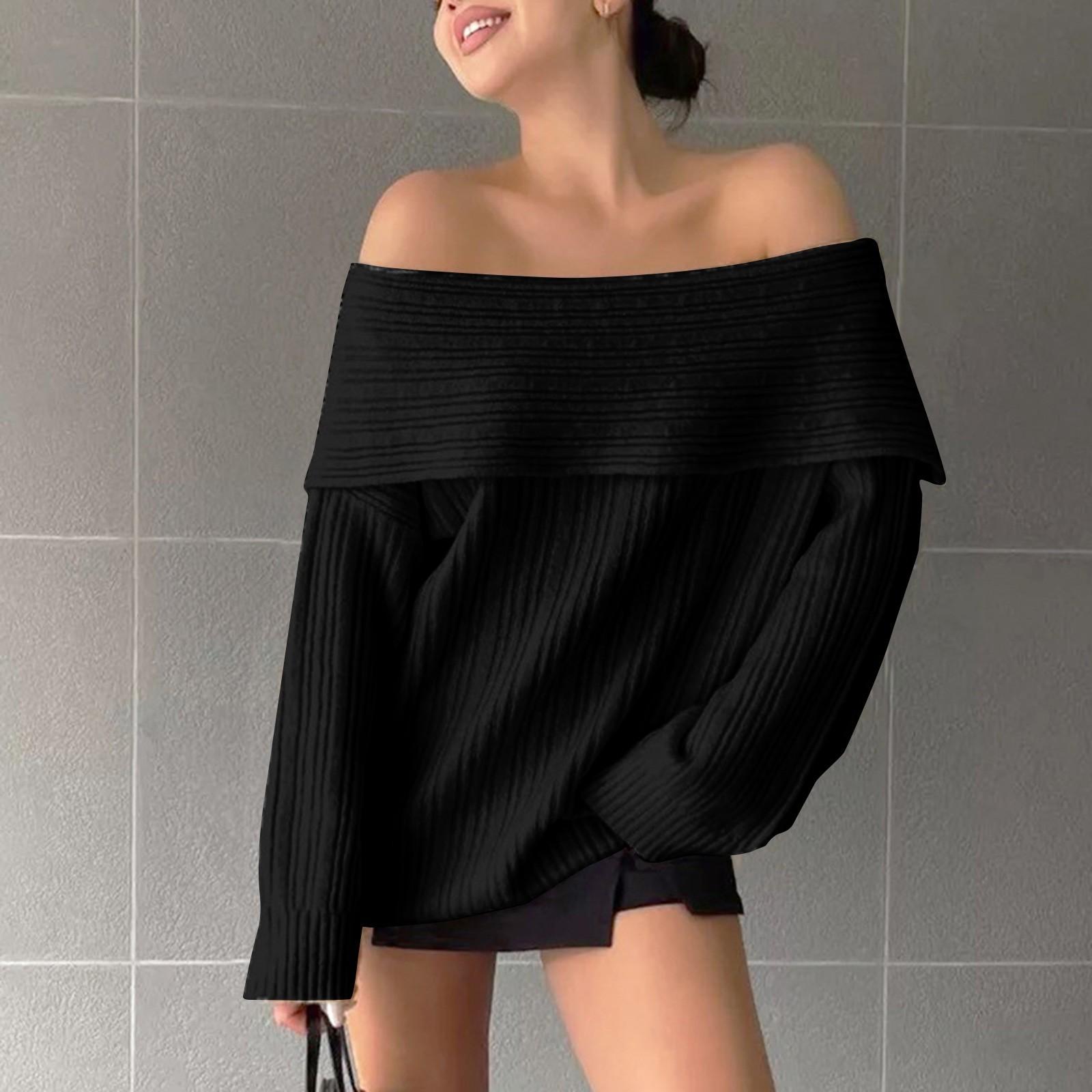 

Женский свитер с открытыми плечами и воротником-стойкой, однотонный свободный топ L чёрный