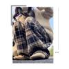 Women's Dark Blue Wool Plaid High-Waist Wide-Leg Trousers for Autumn and Winter
