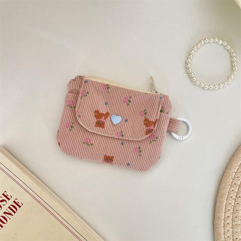 Cute Corduroy Coin Purse Fashion Floral Print Heart Snap Button Mini Wallet for Student School Carry Change Jewelry Storage