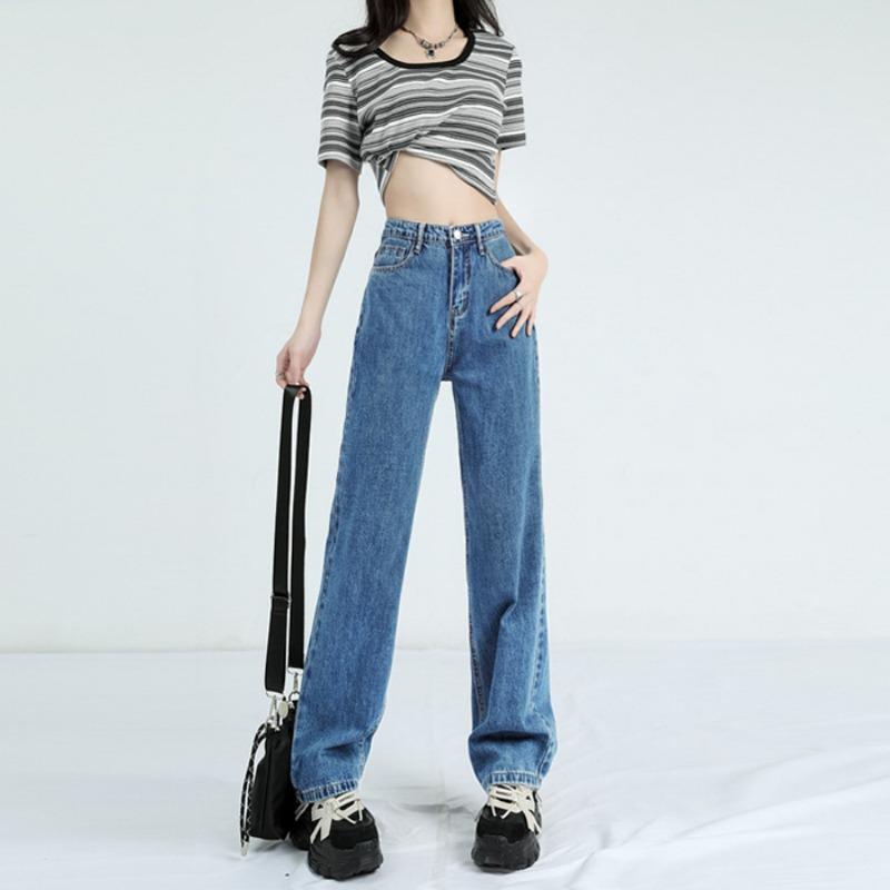 Damenhose Pink Jeans Frühling und Herbst Neue hoch taillierte dünne lockere gerade drapierte schmale Version der weiten Beinhose