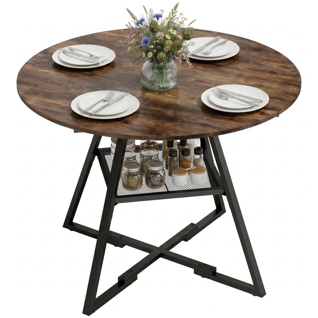 Round Dining Table for 4, 100 X 76 Cm, Shelf, Rustic Brown