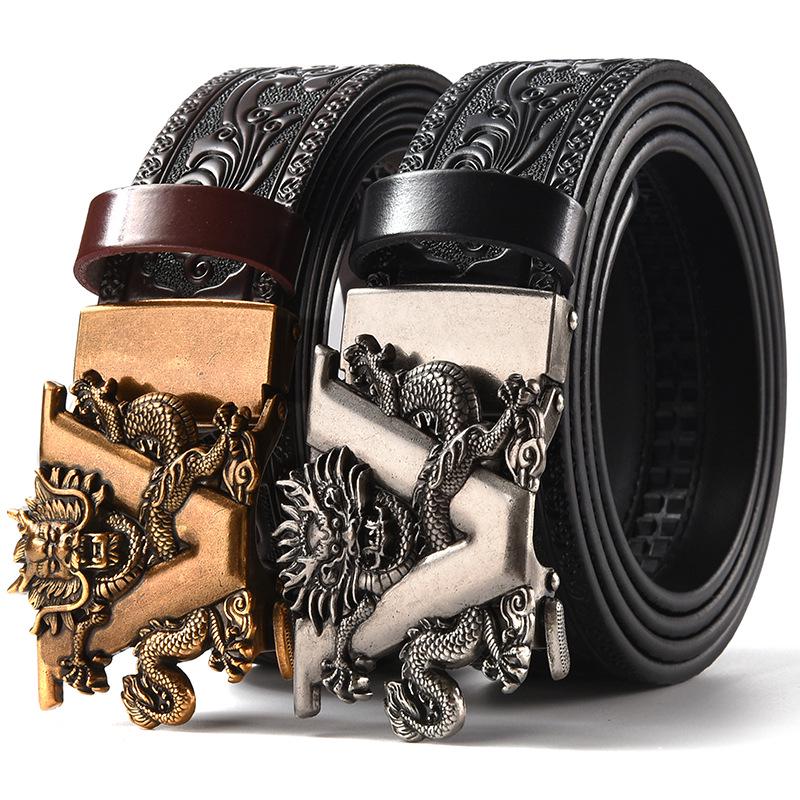 Men's Retro Dragon Head Genuine Leather Belt with Carved Embossed Design