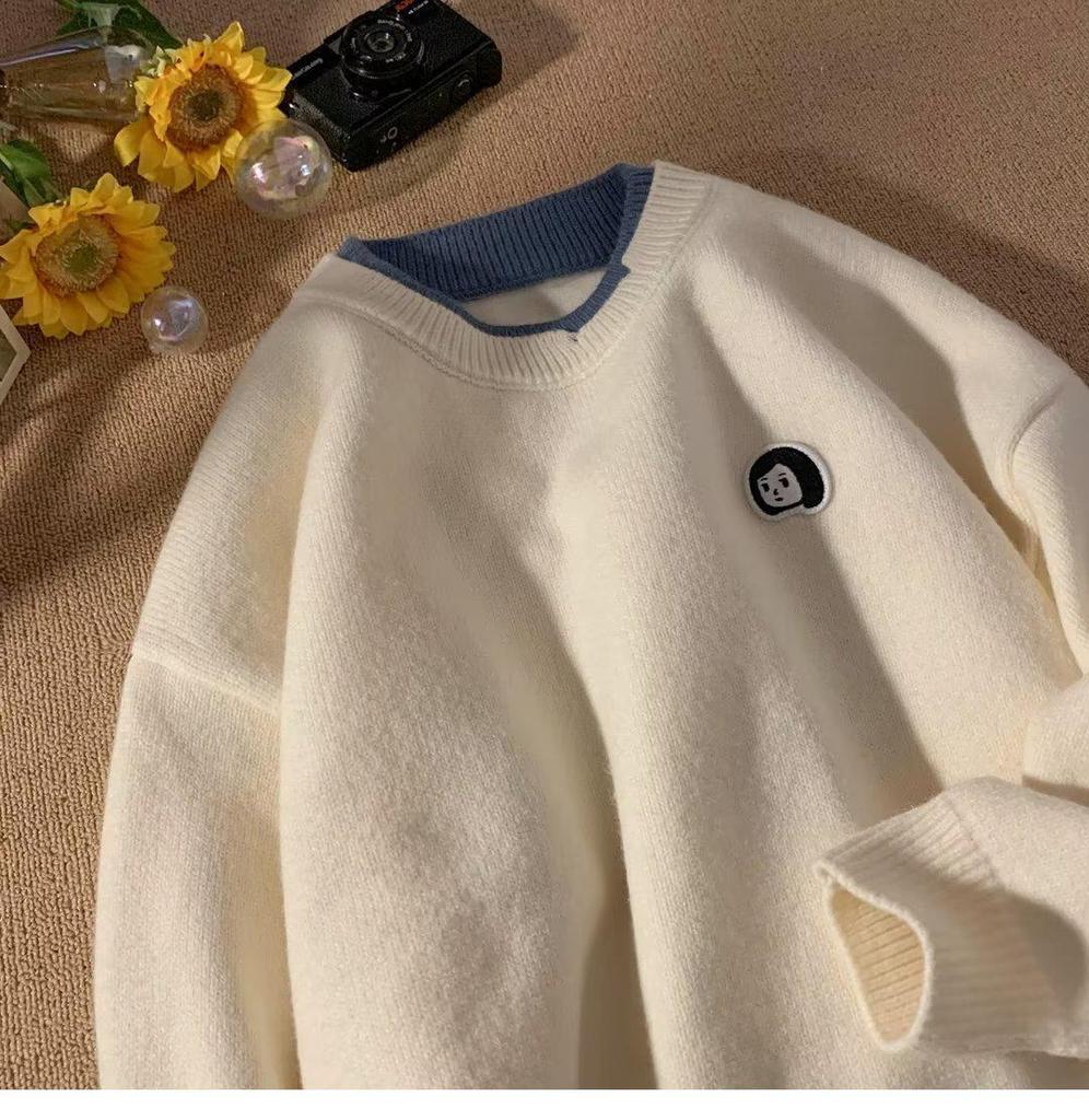 Men's Versatile Japanese-Style Two-Piece Look Sweater—Classic, Loose-Fit Round Neck Pullover