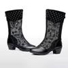 Sexy Lace Mesh Breathable Rhinestone Boots Women's Thick Heel Mid Boots