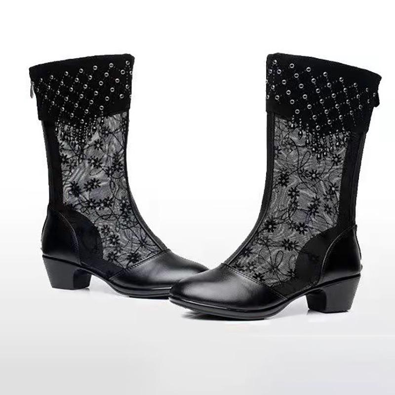 Sexy Lace Mesh Breathable Rhinestone Boots Women's Thick Heel Mid Boots