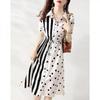 Plus Size Polka Dot Shirt Dress with Waist-Cinching Vertical Stripes and Polo Collar (80-300 Jin), Casual Summer Wear