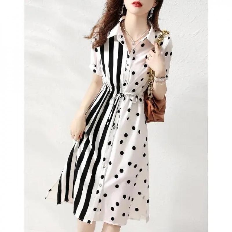Plus Size Polka Dot Shirt Dress with Waist-Cinching Vertical Stripes and Polo Collar (80-300 Jin), Casual Summer Wear