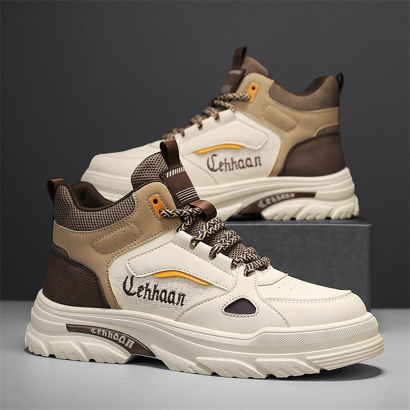 Herrsportskor i enfärgat bekvämt läder hög topp herr sneakers designer herr löparskor manlig kamouflage tid mesh