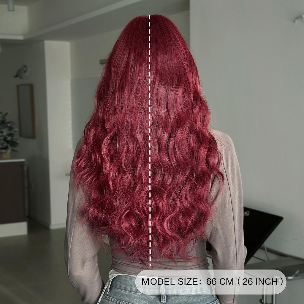 26 Inch Bright Red Long Wavy Headband Synthetic Hair Wigs Heat Resistant Fiber Natural Matt Wigs Peluca
