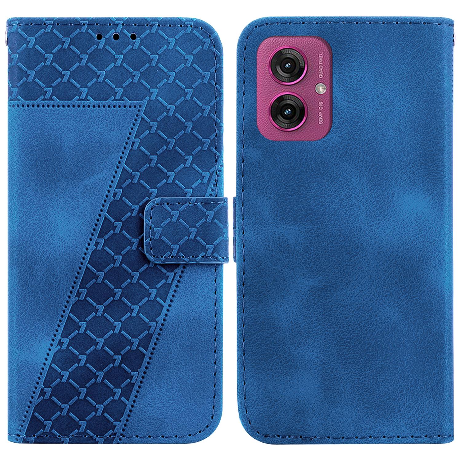 

For Motorola Moto G55 5G Stand Case 7-Shaped Pattern Imprint Leather Phone Cover Dark Blue