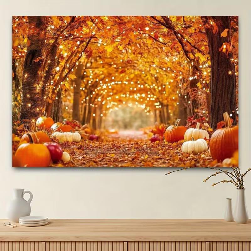 2D Fall Maple Tree Backdrop, Autumn Pumpkin Lane with Lights Thanksgiving Photography Background