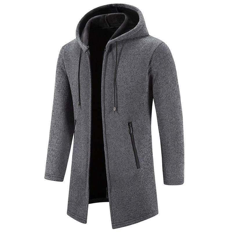 Men's Plus Velvet Hooded Knitwear Cardigan – Thickened, Windproof, Warm Mid-Length Jacket for Autumn/Winter (Middle-Aged & Elderly)