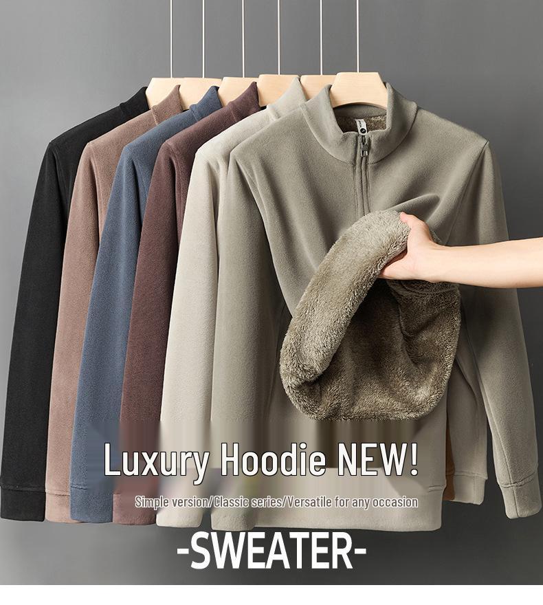 2025 Winter Men's Ollie Fleece Flannel Half-Zip Stand Collar Hoodie with Plus Velvet for Warmth and Cold Protection