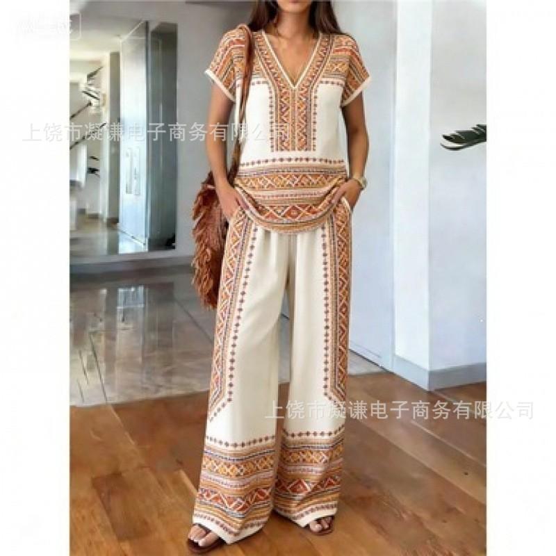 Y116 Summer Loose Top Wide-leg Pants Two-piece Women's Clothing European and American Fashion Suit