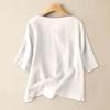 Damen Bluse im Vintage-Stil, lockere Passform, bestickt, Knopfleiste vorne, Baumwoll-Leinen-Mischung, Dreiviertelärmel