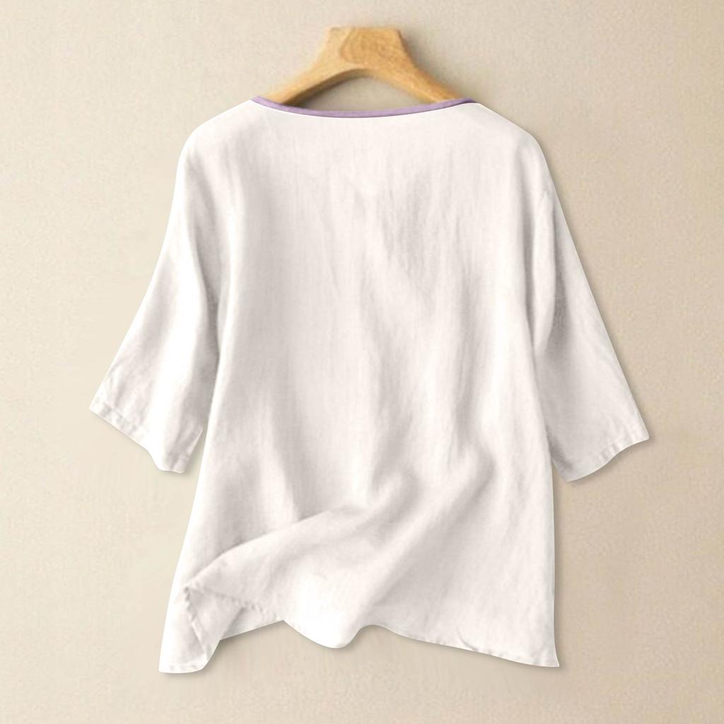 Damen Bluse im Vintage-Stil, lockere Passform, bestickt, Knopfleiste vorne, Baumwoll-Leinen-Mischung, Dreiviertelärmel