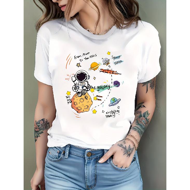 Astronaut-themed printed casual women s sportswear T Shirt M белый