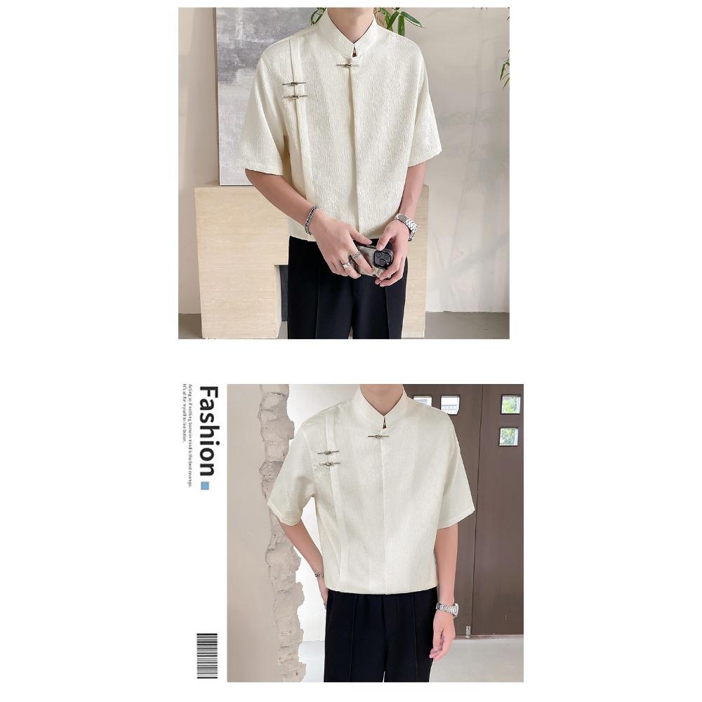 Summer New Chinese Style Jacquard Short Sleeved Shirt Men's New Loose Chinese Style Stand Up Collar Shirt