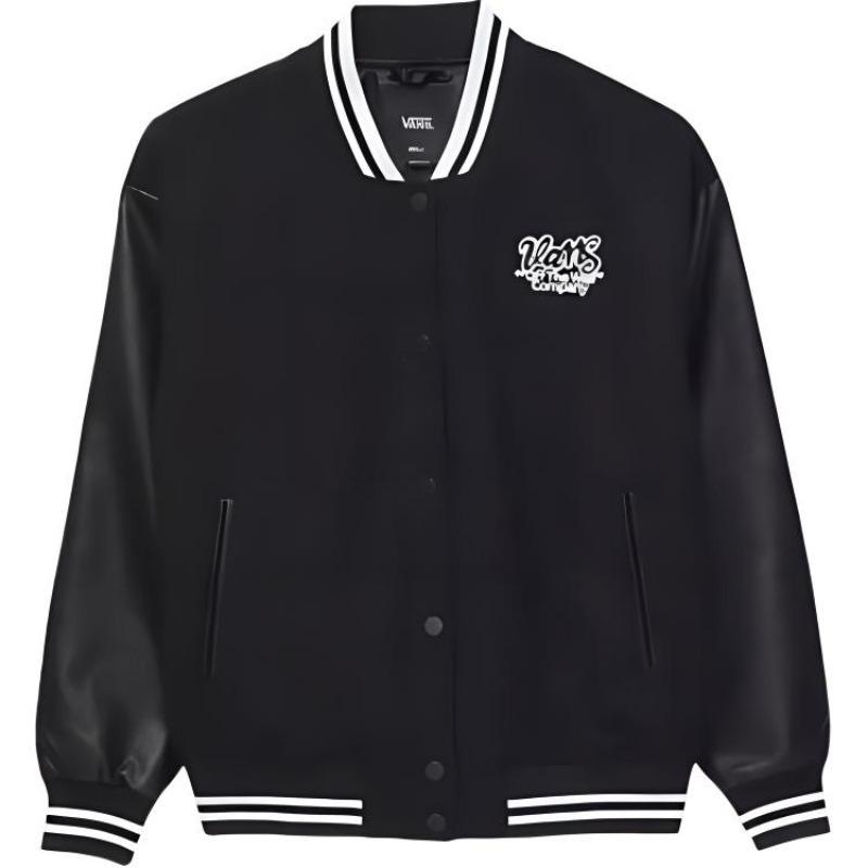 Vans Varsity Club Bomber Jacket Loose Striped Letter Print Jacket Women Jacket Black VN000GJRBLK