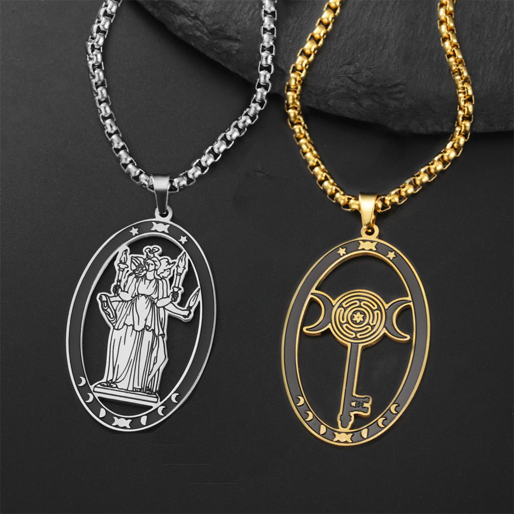 Stainless Steel Triple Moon Goddess Pendant Necklace Box Chain Hollow Wheel of Hecate Choker Vintage Amulet Jewelry Gift