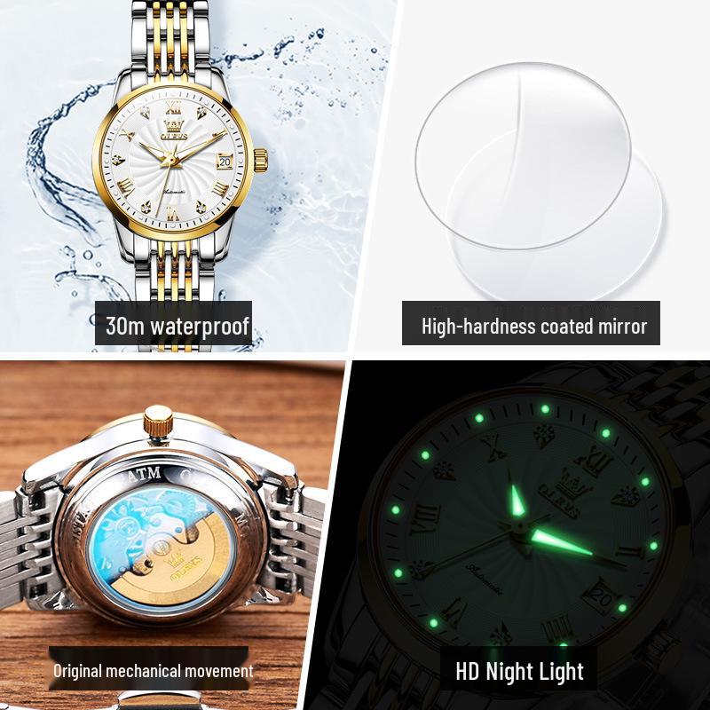 Oulishi Women's Automatic Diamond-Set Dual Calendar Waterproof Watch