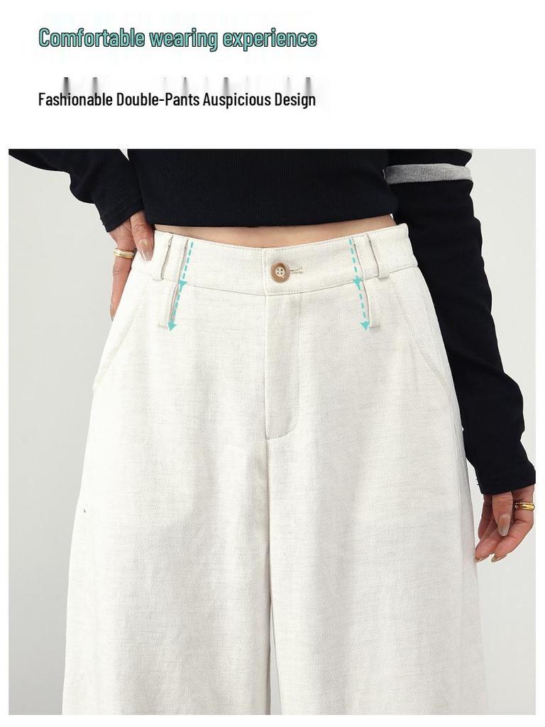 White Linen Loose-Fit Old Money Style Women’s Elastic Waist Wide-Leg Trousers, Casual Spring 2026 Collection