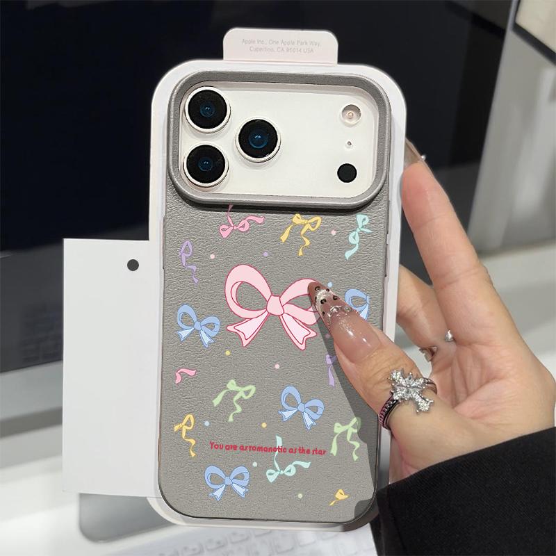Leather Texture TPU Phone Case For iPhone 17 17e 16e 16 15 Pro Max 14 13 Pro Max 11 Pink Bowknot Print Soft Silicone Back Cover