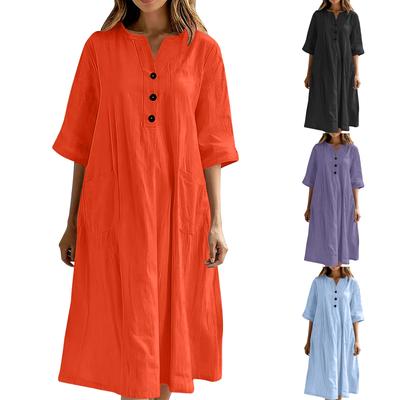 Women's Color V-neck Half Sleeved Cotton Linen Loose Fitting Button Pocket Dress