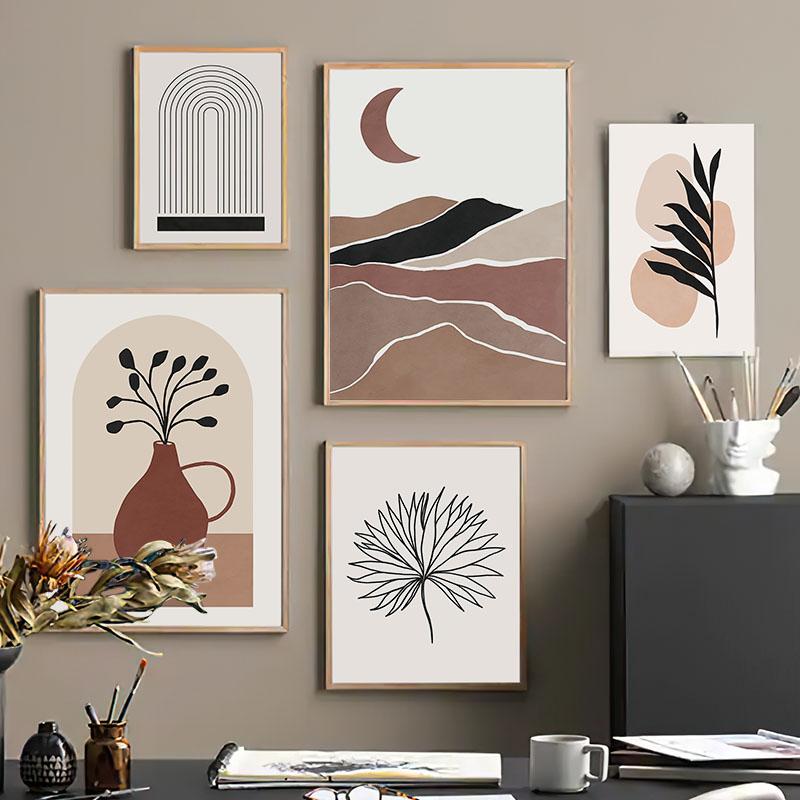 Vase Leaf Moon Line Geometry Wall Art Canvas Painting Abstract Posters And Prints Hotel Bar Wall Pictures For Living Room Decor