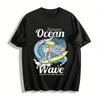 Summer Ocean Wave Surf Print Casual T-Shirt Vacation Style Top Pure Cotton T-shirt