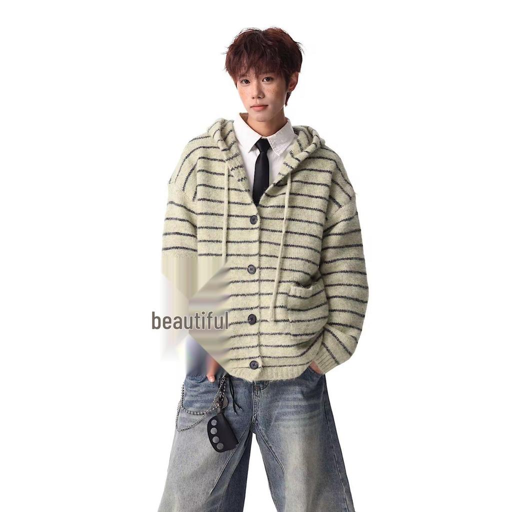 Unisex Schwergewichtiger, gestreifter Kapuzencardigan, Herbst/Winter, Koreanischer Stil, Strickpullover aus Wolle für Paare.