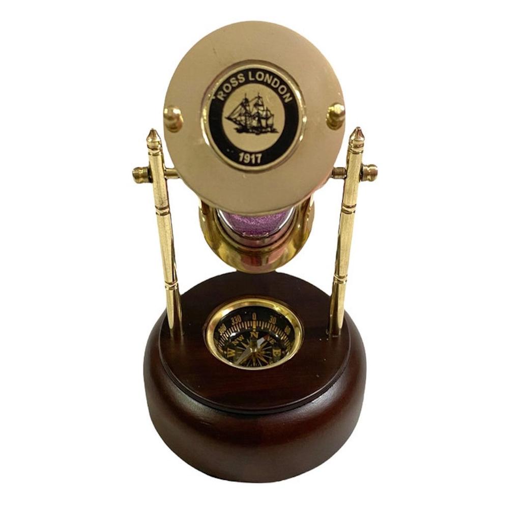 Brass Sand Timer On Wooden Base with Compass/Nautical Maritime Hourglass/Pink Sand Clock/Home & Office Décor