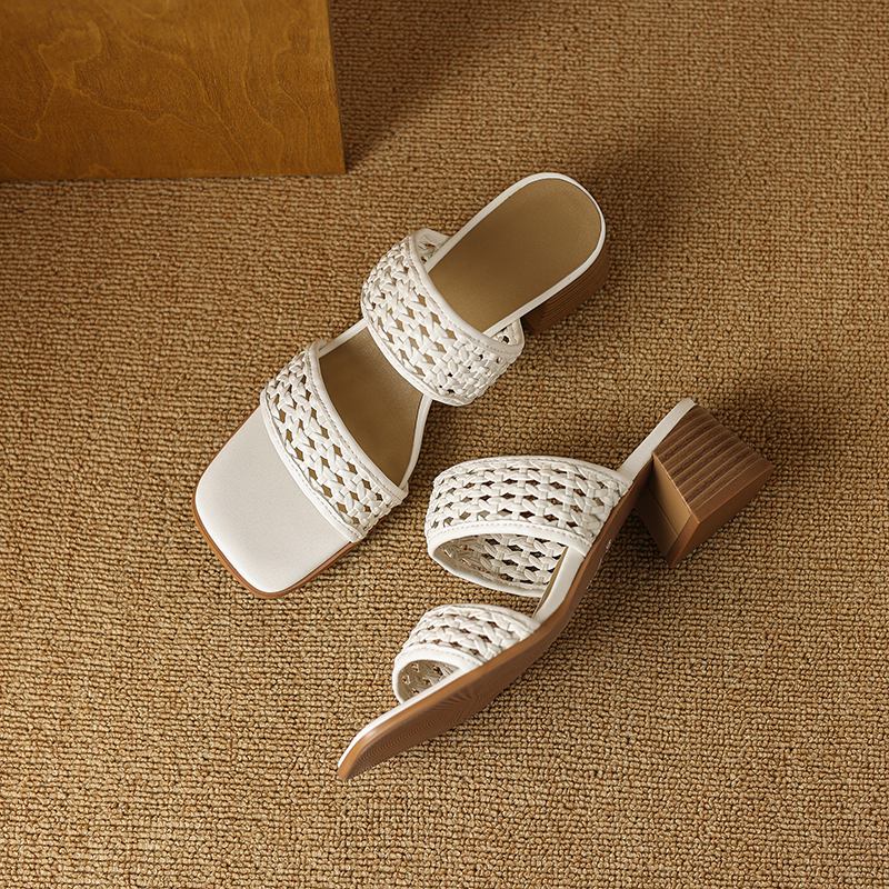 Krazing Pot Klapki z naturalnej skóry z odkrytymi palcami na średnim obcasie, buty letnie, dekoracja pleciona w stylu rzymskim, sandały damskie