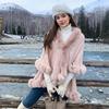Women Double‑Layer Faux Fur Trim Poncho Shawl Winter Warm Open Front Cape Outerwear