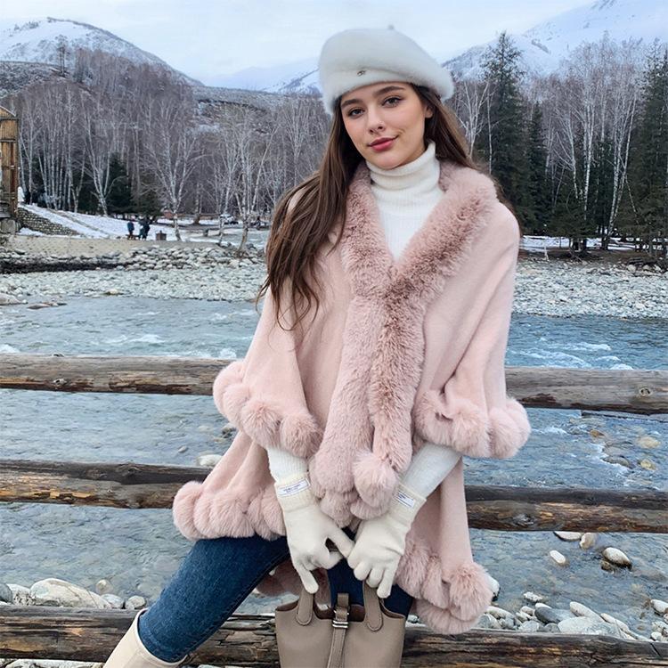 Women Double‑Layer Faux Fur Trim Poncho Shawl Winter Warm Open Front Cape Outerwear